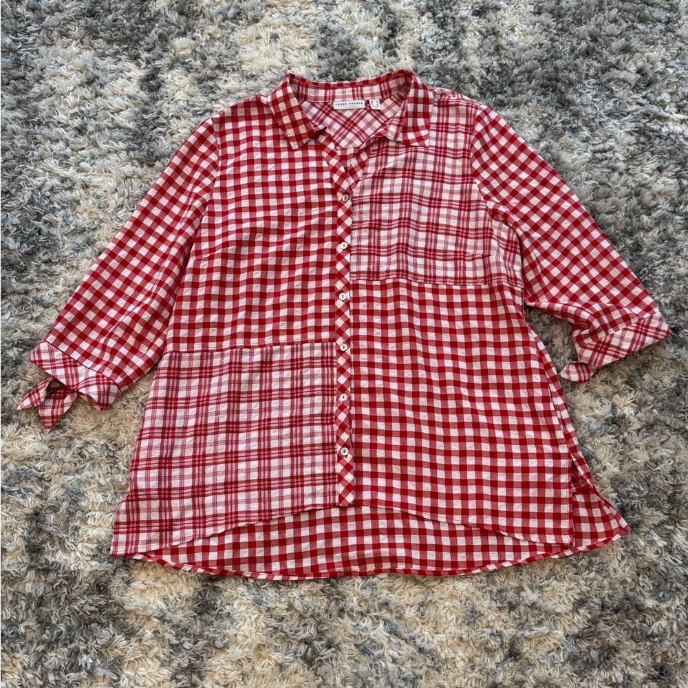 Susan Graver Womens size L Yarn Dyed Gingham Button Front Shirt Red Plaid Pocket